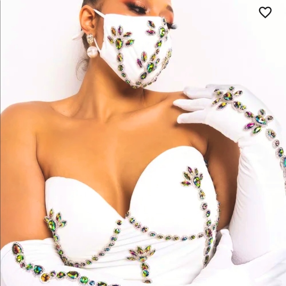 Velvet-like, embellished corset, gloves, & mask